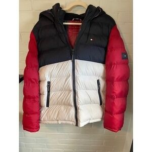 Tommy Hilfiger Color Block Puffer Jacket Hooded Warm Water Wind Resistant L‎